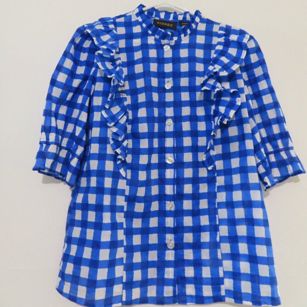 PIOMBO Cotton Check Blue/White Ruffled Top Size Small